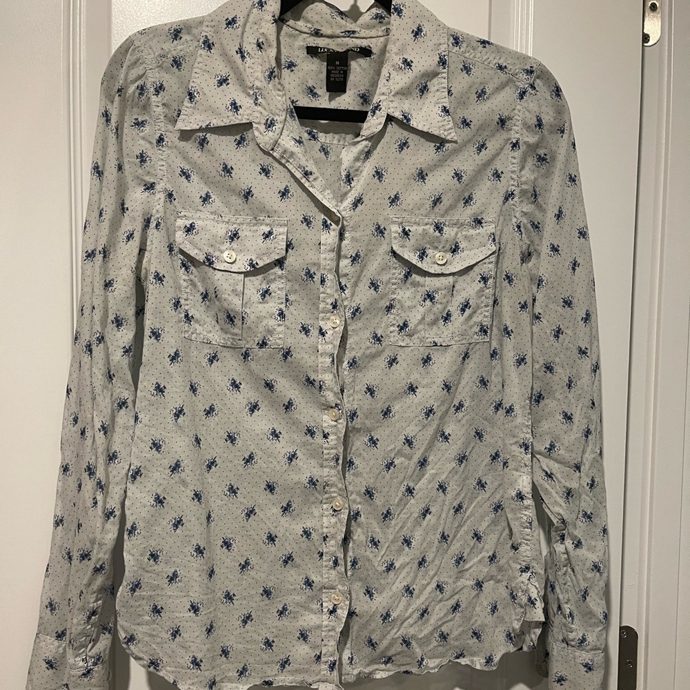 Luck Brand- Blue button down top with blue flowers